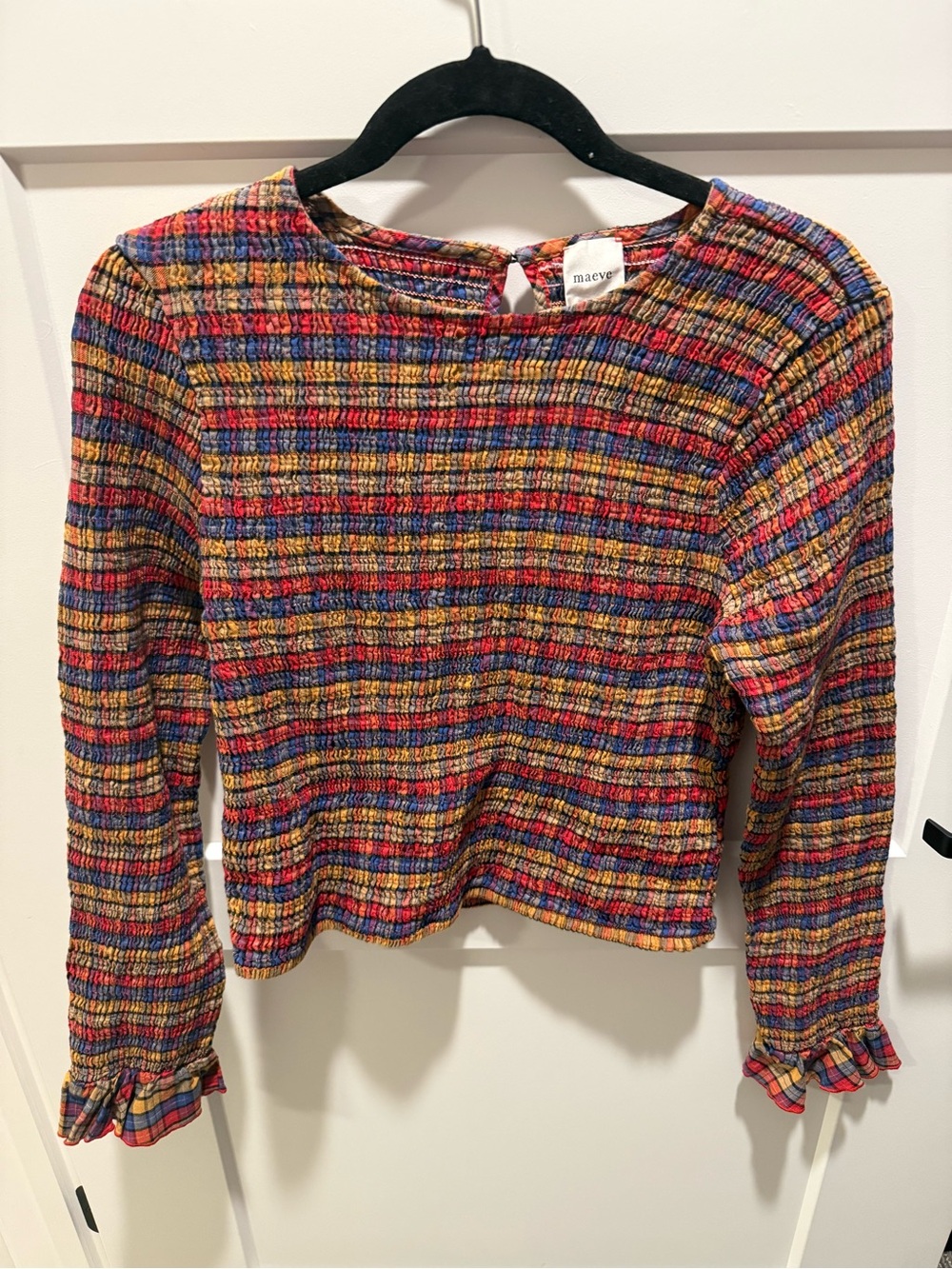 Maeve Anthropologie Smocked Plaid Crop Top Women L Multicolor Long Sleeve Cottag